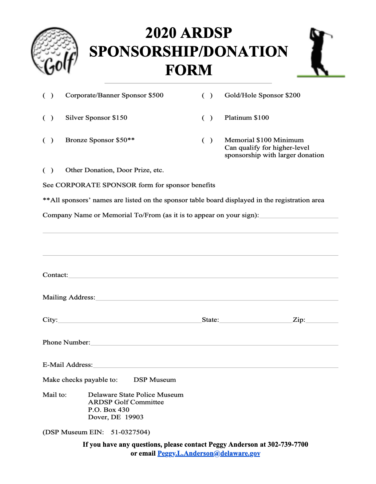 Delaware State Police Golf Tournament Donation Form